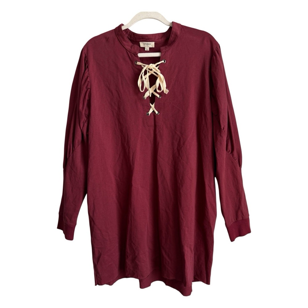 Umgee Burgundy Lace Up Renaissance Balloon Sleeve Boho Tunic Mini Dress Large